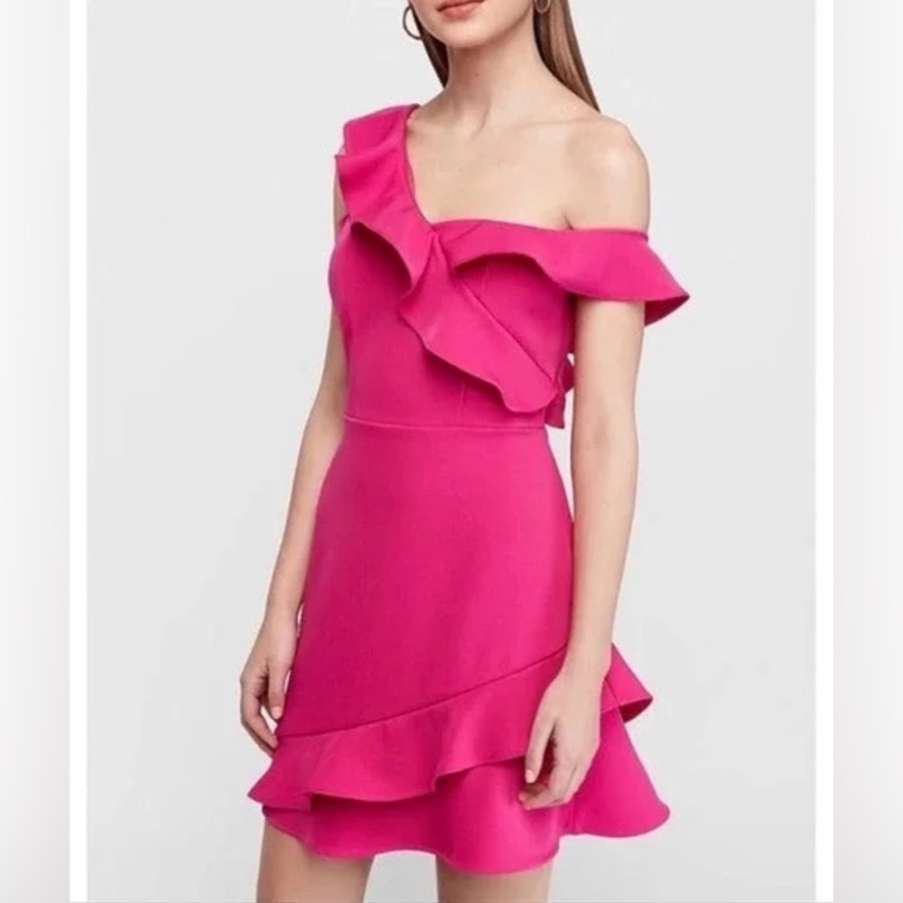 EXPRESS Off the Shoulder Sheath Ruffle Dress Fuchsia Size-XS